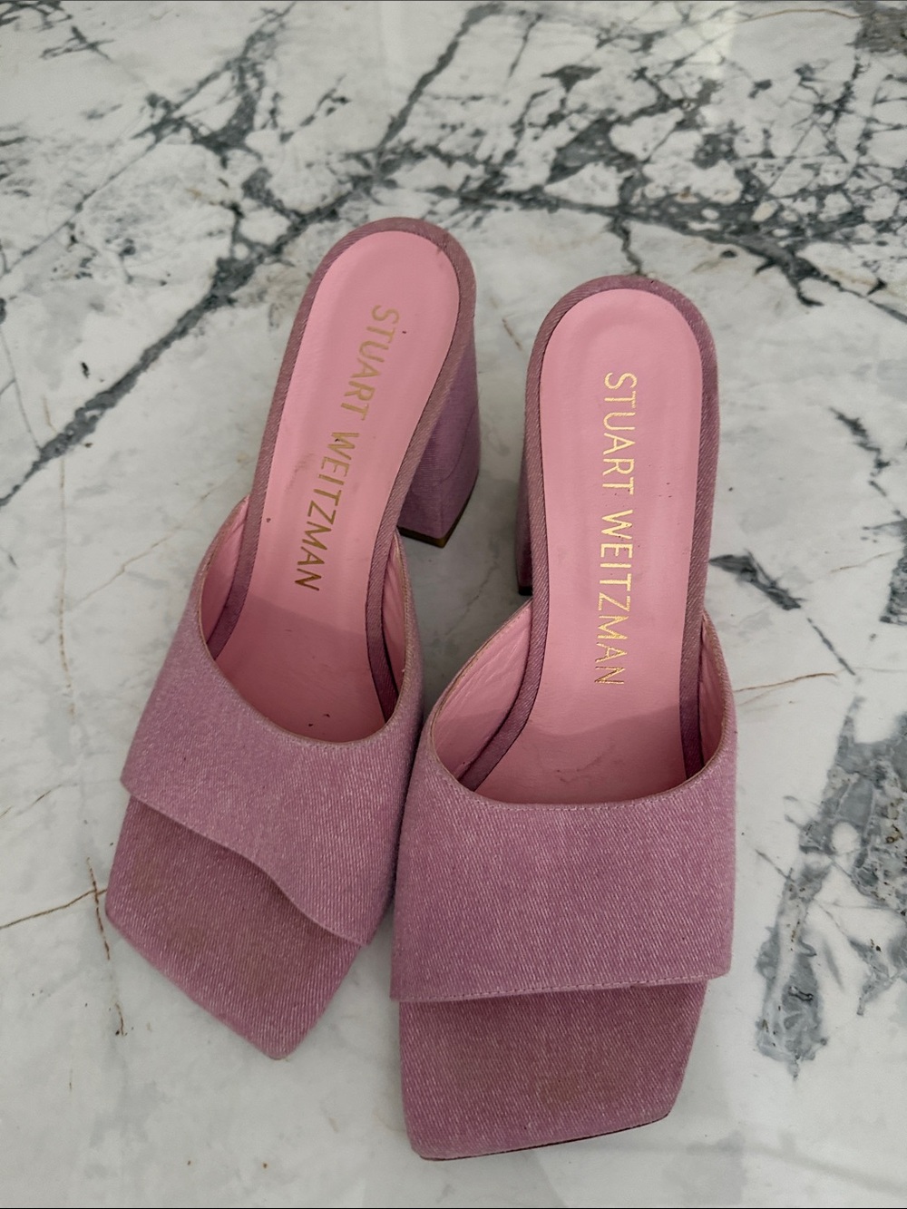 Stuart Weitzman Dusty Pink Square-Toe Block-Heel Mules